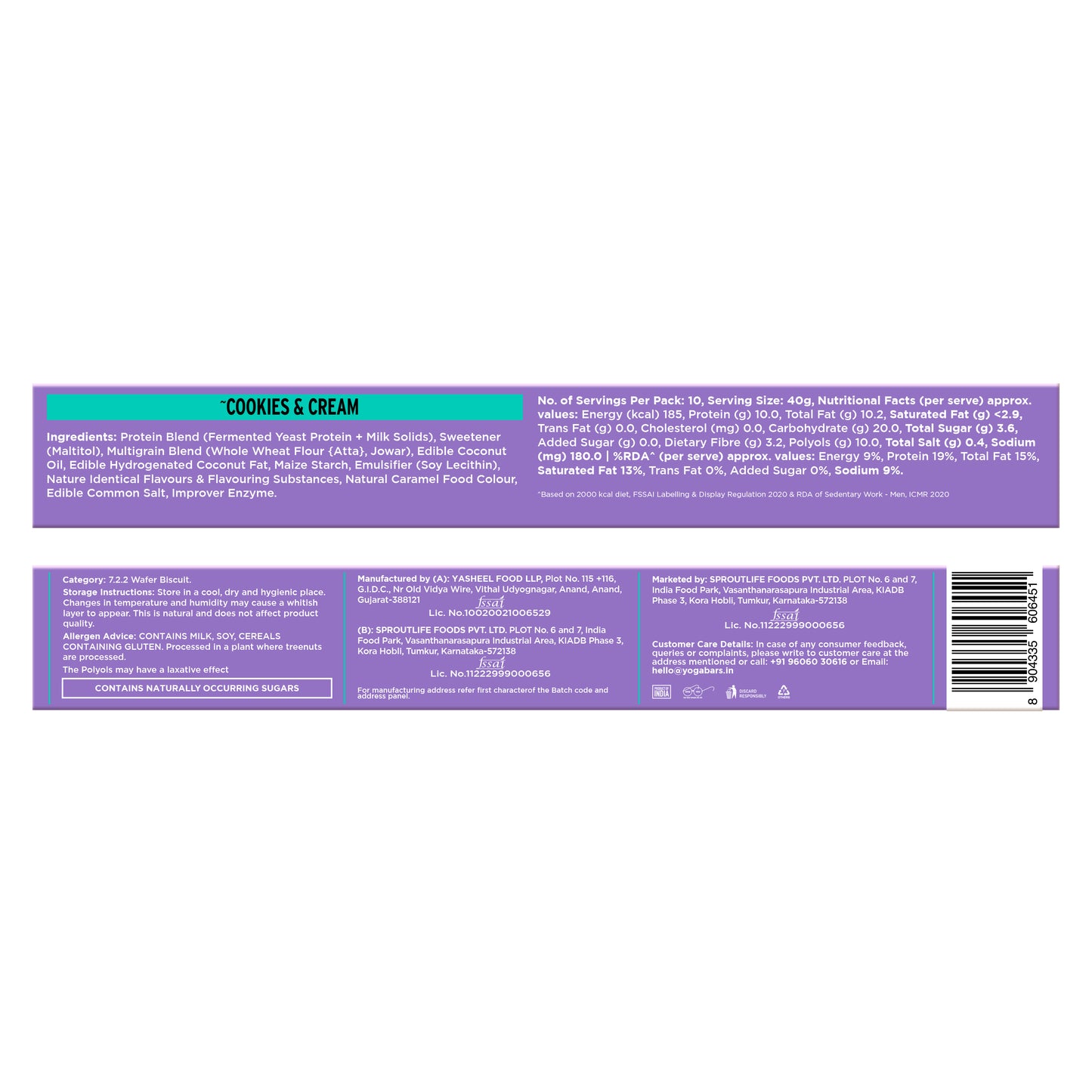 Yoga Bar Protein Wafer Bar Cookies and Cream Pack of 10 back of pack with nutrition facts ingredients and FSSAI license