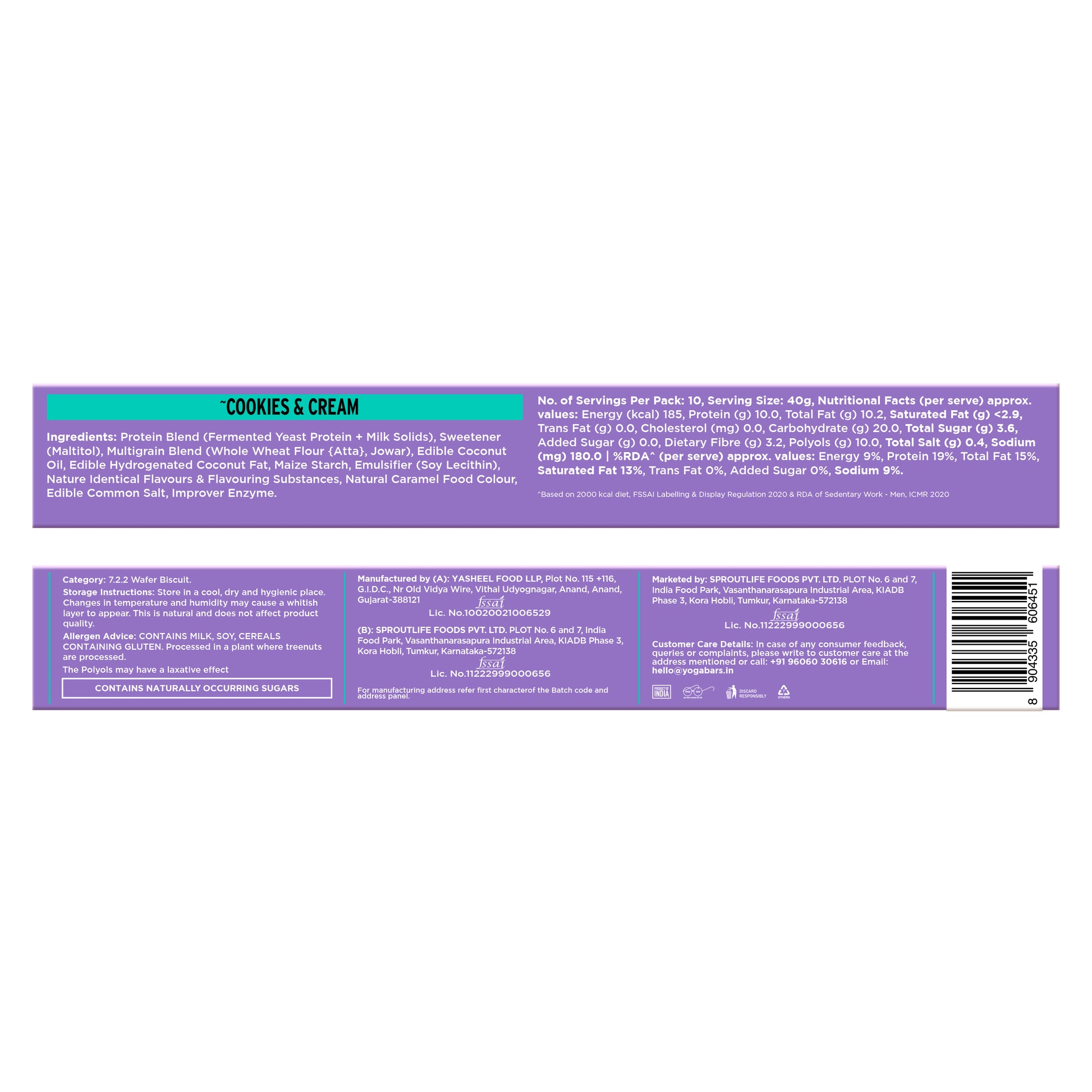 Yoga Bar Protein Wafer Bar Cookies and Cream Pack of 10 back of pack with nutrition facts ingredients and FSSAI license