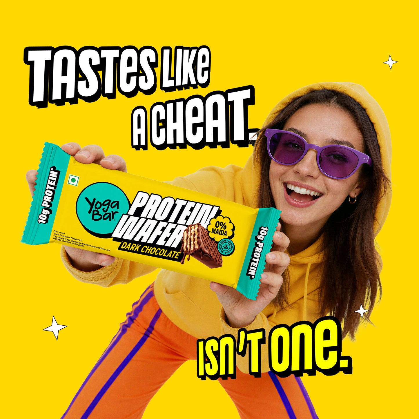 Woman holding Yoga Bar Protein Wafer Bar Dark Chocolate with 10g protein and 0% maida guilt-free crunchy snack bar