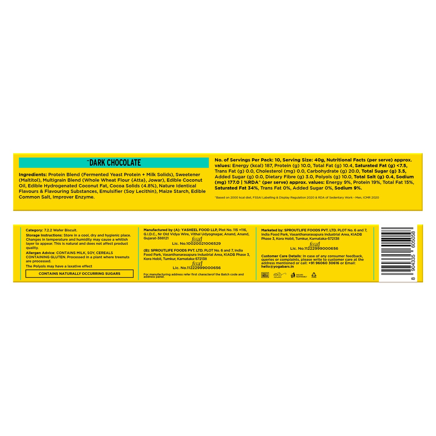 Yoga Bar Protein Wafer Bar Dark Chocolate Pack of 10 back of pack with nutrition facts ingredients and FSSAI license