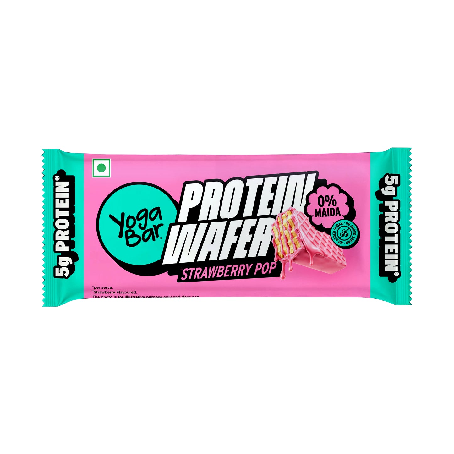 Yoga Bar Protein Wafer Bar Strawberry Pop flavour with 5g protein per serve and 0% maida pink and teal packaging
