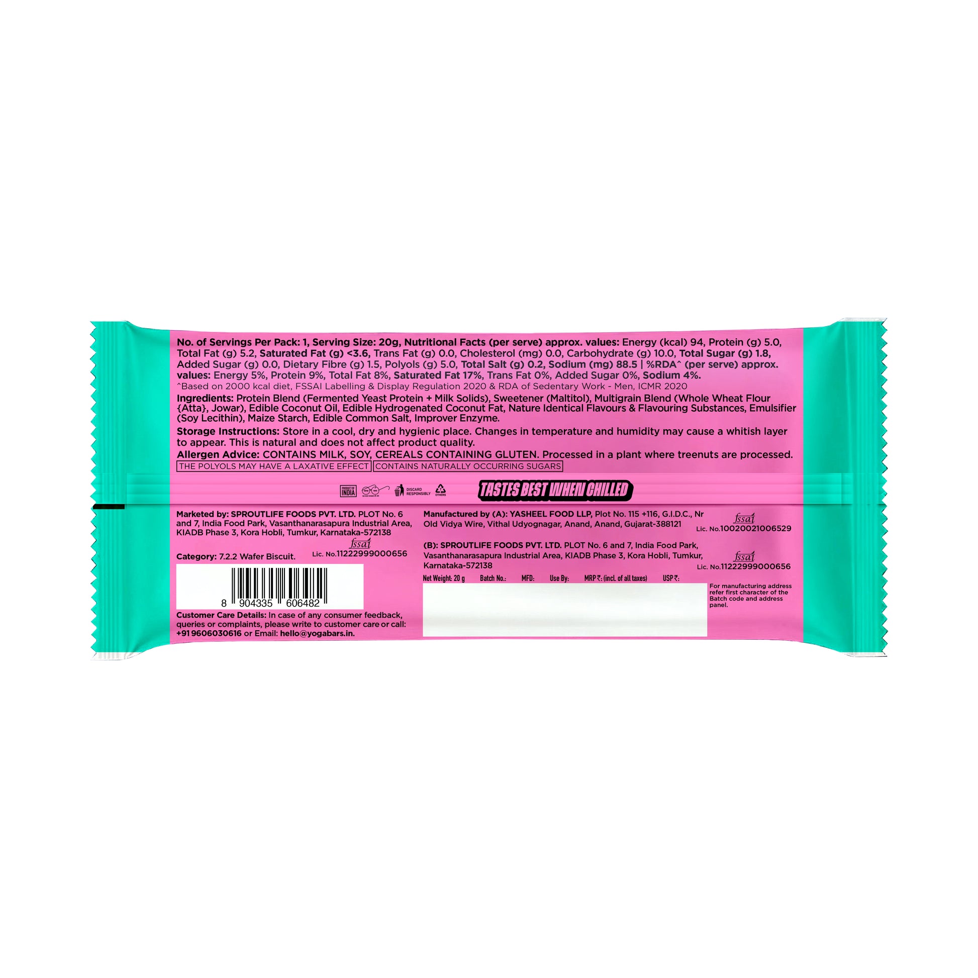 Yoga Bar Protein Wafer Bar Strawberry Pop back of pack with nutrition facts ingredients and FSSAI license details