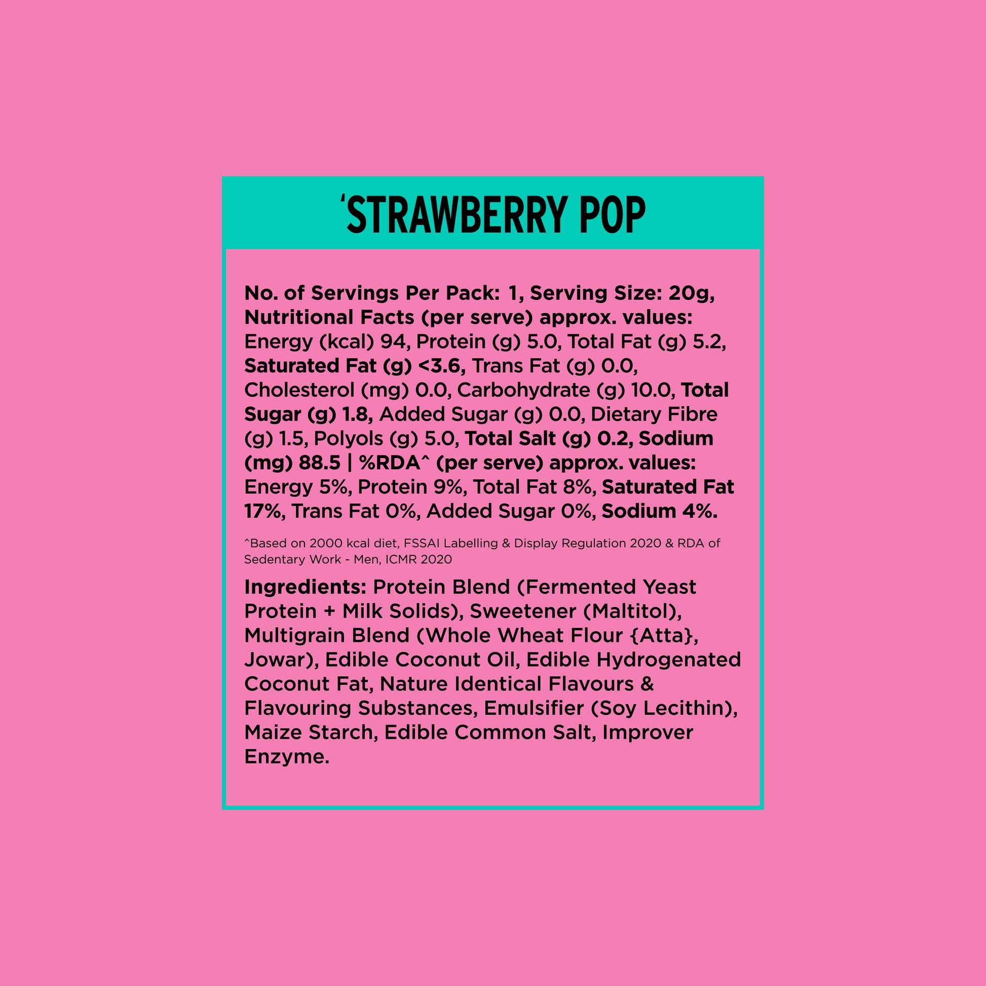 Yoga Bar Protein Wafer Bar Strawberry Pop detailed nutrition facts and ingredients list with 5g protein and 0g added sugar